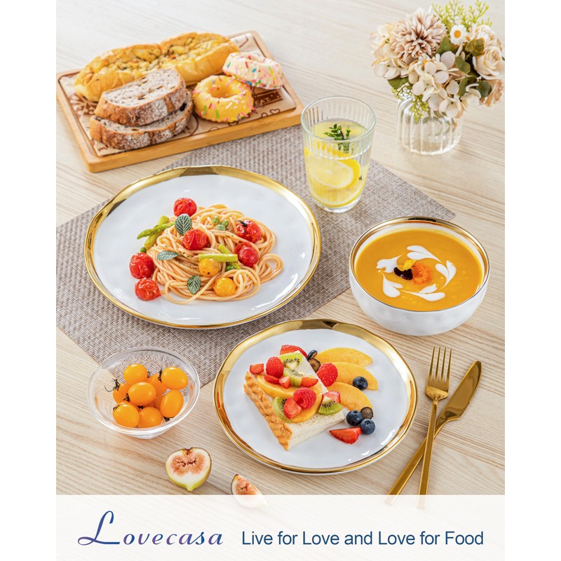 LOVECASA 12 Pieces Plates and Bowls Sets, Porcelain White and