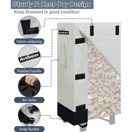 Artibear 4ft Firewood Rack Cover for Wood Holder, Waterproof Wood Pile Cover for Outside, Indoor Outdoor Log Rack Cover for Firewood with Buckle, Khaki (Frame not Include)