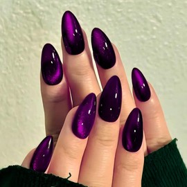 KQueenest Cat Eye Press on Nails Almond Medium, Glazed Glitter Purple Black False Nails Medium, Shiny Bling Acrylic Fake Nails Set Gothic Sparkly Stick on Nail for Women Holiday Finger Wear 30 Pcs