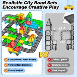 Magnetic Tiles Road Sets with Car, Magnetic Building Blocks Toys for 3+ Year Old Boys Girls, Montessori Magnet Kids Toys, Construction Toys for Ages 3 4 5 6 7 8 Christmas Birthday Gifts for Toddlers…