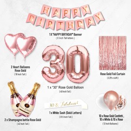 PartyForever 30th Birthday Decorations for Women Rose Gold Supplies Big Set Including Birthday Banner with 30 and Fabulous Bday Sash for Her Party Decor