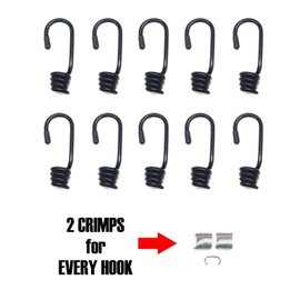 Hook & Cord - Metal Plastic-Coated Spring Hooks - Wire Bungee Cord Hooks - Strong Gauge with End Protective Cap - for Tarps, Covers, Sunshades (10, 3/16" MPC)