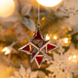 Handcrafted Stained Glass Moravian Star Ornament 3D Fair Trade Christmas Tree Decoration Multidimensional Home Decor Unique Design (Red, Mini)