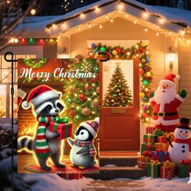 BlissYard Christmas Animal Garden Flag 12x18 Inch Raccoon and Penguin Gift Scene Outdoor Yard Flag Double Sided Welcome Holiday Banner with Fireplace Tree and Lights for Porch Lawn Patio