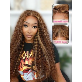 BGM GIRL Highlight Glueless Wig Human Hair 7x5 HD Lace Water Wave Wig 4/27 Color 180% Density Pre Plucked Invisible Knots Pre Cut Lace Wear Go Deep Wave Wigs for Women Beginner Friendly 22 Inch