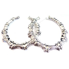 Large Bamboo Hoop Earrings Full Hoop Rhodium Plated Silver Tone Hoop Earrings 3.5 inch