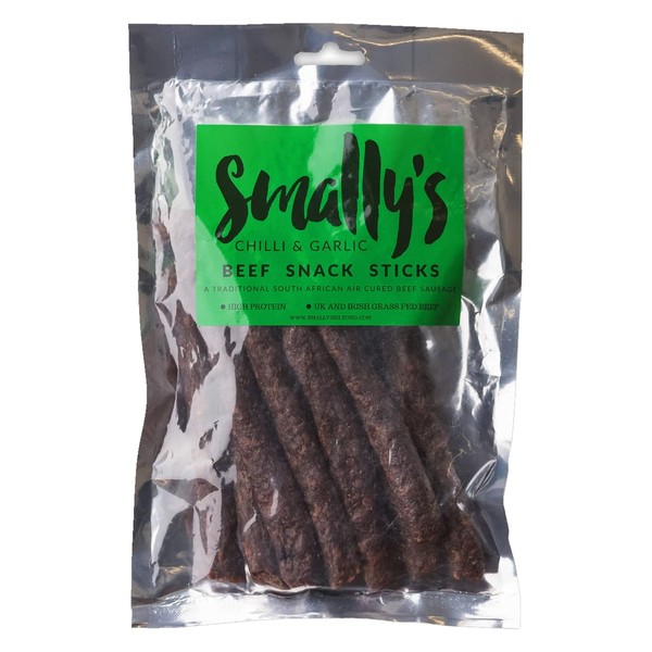 Smally's Biltong - Beef Snack Sticks, Chilli & Garlic Droewors, High Protein Beef Snack, Traditional South African Air Cured Beef Sausage - 250g Pack
