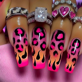 BABALAL Long Press on Nails Square Fake Nails Pink Yellow Ombre Acrylic Nails Summer False Nails Cheetah Hottie Gyaru False Nails 24Pcs Squoval Glossy Full Cover Stick on Nails for Women Girls