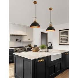 DORESshop 12-Inch Black and Gold Farmhouse Pendant Light 2 Pack, Adjustable Height, Vintage Hanging Industrial Ceiling Lights Fixture for Kitchen Island, Hallway, Dining Room, Bedroom