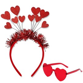 Pack of 2 Valentine's Day Heart Headband and Heart Rimless Sunglasses, Glitter Hearts Headband, Hippie Heart-Shaped Transparent Sunglasses, Hair Band Hair Accessories for Valentine's Day, Wedding,