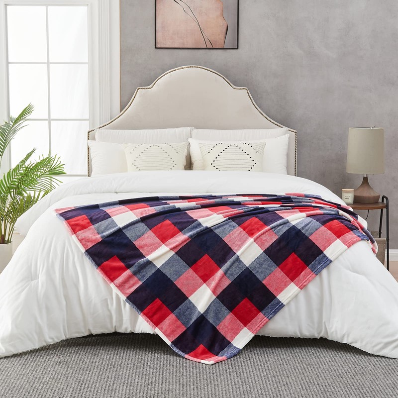 SOCHOW Flannel Fleece Blanket 127cm×150cm, All Season Plaid Red/Blue Blanket