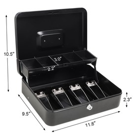 Cash Box with Money Tray and Key Lock,Safe Box for Cash Saving Key Lock Money Organizer,Cash Drawer, 11 4/5" x 9 2/5" x 3 1/2",Black