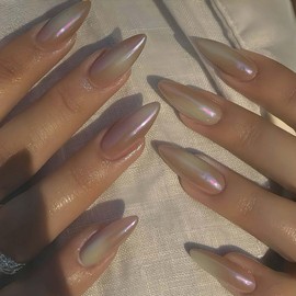 Almond Press On Nails Medium Fake Nails Chrome With Mirror Metal Design Aurora False Nails Full Cover Acrylic Artificial Glossy Glue On Nails Reusable Stick On Nail For Women 24pcs