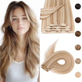 Silk-co Clip in Hair Extensions Real Human Hair Remy Double Weft With Lace Coverd Clip in Silky Straight Natural Thick Hair Seamless 7pcs 16Clips 90g 12Inch #12P613 Golden Brown&Bleach Blonde