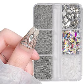 3D Nail Art Charms Silver Grey Nail Micro Caviar Beads Rhinestones for Acrylic Nails Mix Size Multishape AB Nail Rhinestones Nail Crystal Studs Flatback Pearl Kit for Nail DIY Craft Decoration