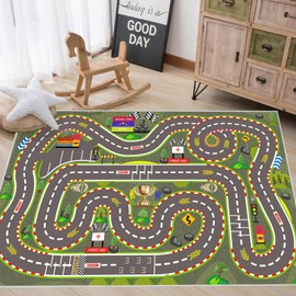 Pyrrhite Kids Rug, Race Track Playmat Rugs 59×39 in Kids Carpet with Rubber Backing, Start and Finish line Racing Track Marking Car Road Race 3D Play Mat Nursery Rugs for Children Bedroom Playroom
