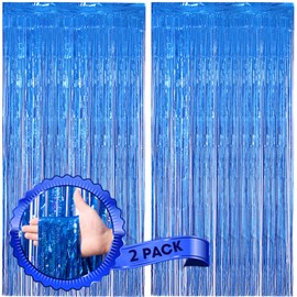 Voircoloria 2 Pack Laser Blue Foil Fringe Backdrop Curtains, Tinsel Streamers Birthday Party Decorations, Fringe Backdrop for Graduation, Baby Shower, Gender Reveal, Disco Party