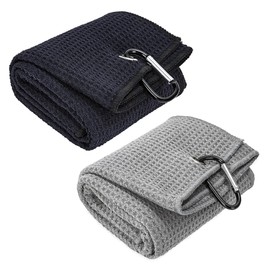Golf Towels 2 Pieces Tri-Fold Microfibre Fabric Towels 60 x 40 cm Waffle Pattern Golf Towel Cloth with Carabiner, High Absorbent Cleaning Cloth for Fitness Sports Yoga Running Bicycle Camping Gym