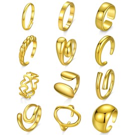 Ofeiyaa 12Pcs Gold Chunky Rings 18K Gold Plated Stackable Open Knuckle Ring Set Hollow Heart Twist Croissant Dome Band Statement Finger Rings for Women Gold Silver Tone Adjustable