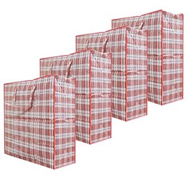 Pack of 4 Reusable Plastic Checkered Storage Laundry Shopping Bags W.Zipper & Handles (23.6x23.6x5.9 INCH)