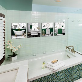 Saypeacher Bathroom Wall Art Bathtub Wall Decor Green Canvas Wall Art Marble Painting Artwork Green and Gold Pictures