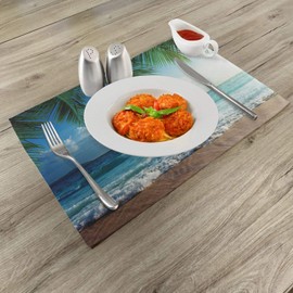 Ambesonne Ocean Place Mats Set of 4, Palms Tropical Island Beach Maldives Photography Home Postcard Traveler Explorer, Washable Fabric Placemats for Dining Table, Standard Size, Green and Blue