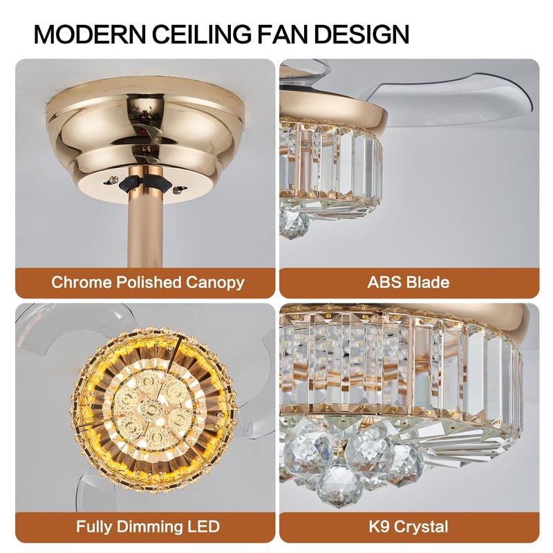 DuMaiWay 30" Golden Chandelier Ceiling Fan with Light Crystal Modern