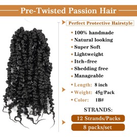 Crochet Hair, Pre Looped, 8 Inches, 8 Packs, Pre Twisted Passion Twist Crochet Hair, YDDM Passion Twist Braids Crochet, Short Passion Twist Hair, Pre Twisted Hair Extensions (8 Inches, 1B#)