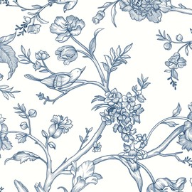 Safiyya Floral Wallpaper Peel and Stick Birds Wallpaper 196"x17.3" Blue White Wallpaper Boho Removable Wallpaper Aesthetic Contact Paper Blue Wallpaper for Bedroom Bathroom Vinyl Rolls