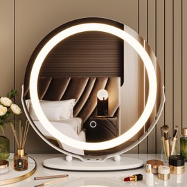 GAOMON Vanity Mirror with Lights, 19 inch Makeup Mirror with Lights, Smart Touch Control 3 Colors Dimmable Vanity Mirror, 360°Rotation Round Vanity Mirror for Bedroom, Bathroom, White