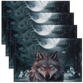 Boys Wolf Set of 4 Placemats Black 3D Wolf Place Mats 12x18 Inch Night Galaxy Sky Table Mats for Adult Teenager Jungle Wild Animal Waterproof Placemats Heat Resisting for Dining Table