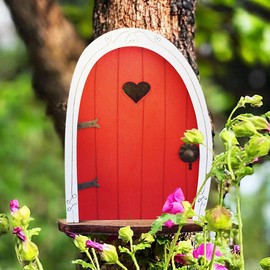 YOULJINTFA Fairy Garden Accessories for Trees Miniature Fairy-Doors Wall Wooden Doors Ornaments Art Sculpture Decoration DIY Fairies Indoor/Outdoor Mystical Door for Tree Trunk(Red)