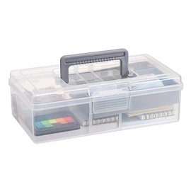 JUXYES Plastic Carry Storage Box with Removable Dividers, Clear Art Craft Supply Storage Bin Sewing Box With Handle Lid, 2 Layers Stationery Storage Case for School/Office Supplies