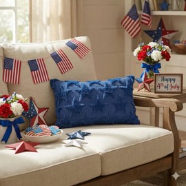 4th of July Stars Dark Blue Patriotic Throw Pillow Covers, 12 x 20 Inch Independence Memorial Day Soft Plush Faux Fur Jacquard Cushion Case Decoration for Sofa Couch Set of 2