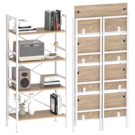 Folding Bookshelf,4 Tier Bookcase Foldable Shelf with X-Bracket Design, Adjustable Feet, Space Saving Storage for Living Room, Office, Light Coffee