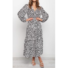 PRETTYGARDEN Womens Dresses Floral Fall Long Sleeve Maxi Dress Casual Wrap V Neck Tiered Boho Flowy Wedding Guest Dresses(White,Large)