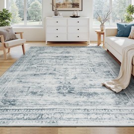 Carpelux 5x7 Washable Area Rugs for Living Room, Soft Faux Wool Carpets for Bedroom Dining Room, Neutral Vintage Distressed Non Slip Stain Resistant Grey Blue Rug for Home Office Decor