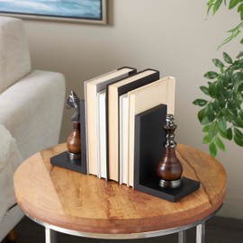 Deco 79 Aluminum Metal Chess Decorative Bookends Non Skid Bookends with Aluminum Accents, Set of 2 Office Bookends4 W, 7" H, Black