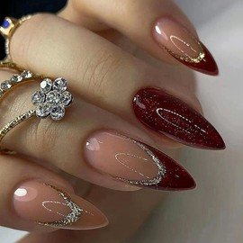 24Pcs Almond Press on Nails Red Fake Nails Medium French Tips Acrylic False Nails with Gold Curve Glossy Glitter Designs Bling Reusable Manicure Decorations Glue on Nails for Women