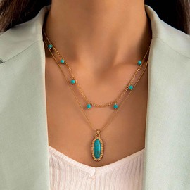 Inilbran Boho Layered Turquoise Pendant Necklace Vintage Turquoise Oval Choker Necklace Gold Turquoise Beads Necklace Turquoise Oval Chain Necklace Jewellery for Women or Girls, Zinc