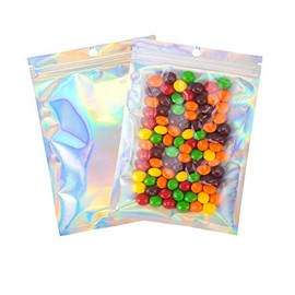 100 Pcs 5×7 Inch Resealable Smell Proof Bags Mylar Ziplock Bag Cute Packaging Sealed Aluminum Foil Pouch Large Plastic Baggies Colored Clear Front Zip Lock for Lip Gloss Gummy, Holographic