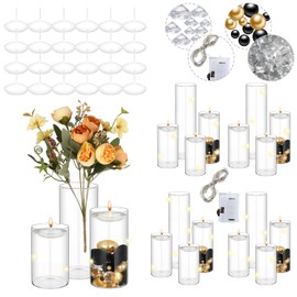 Zeyune 16 Set Glass Cylinder Vases for Centerpieces with 10000 Clear Water Filler Gel Beads 24 Floating Candles 132 Pearl and Diamond 8 Pcs Light String for Wedding Home Table Decoration (Black, Gold)