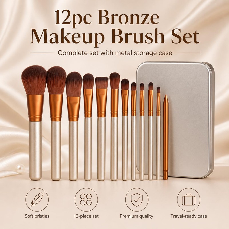 Glamza 12-Piece Make-up Brushes Set with Metal Case, Gold and
