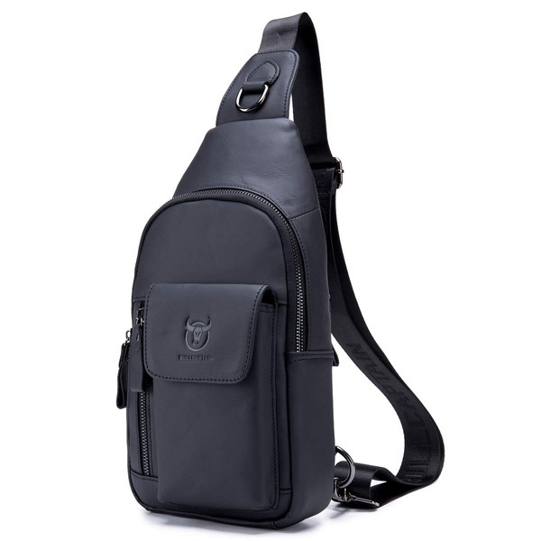 BULLCAPTAIN Genuine Leather Sling Backpack Multi-pocket Chest Bag Crossbody Daypack with Earphone Hole XB-121(Black)