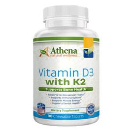 Athena - Vitamin D3 2000IU with K2 (MK7) - 90 Chewable Tablets - Supports Immune System - Muscle Energy - Strong Bones - Healthy Dental