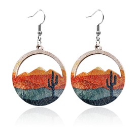 Wooden Nature-Themed Dangle Earrings for Women - Handmade Forest Coconut Sunflower Cactus Drop Earrings for Women, Boho Outdoor Earrings for Women - Cactus