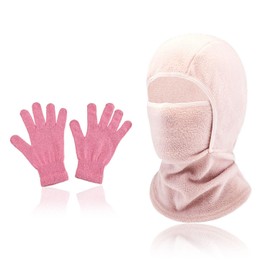 VEHYEGOI 1 Face Protection Hood and 1 Pair of Plush Fingerless Gloves, Children's Warm Hood, Outdoor Windproof Hood, Ski Equipment Pink