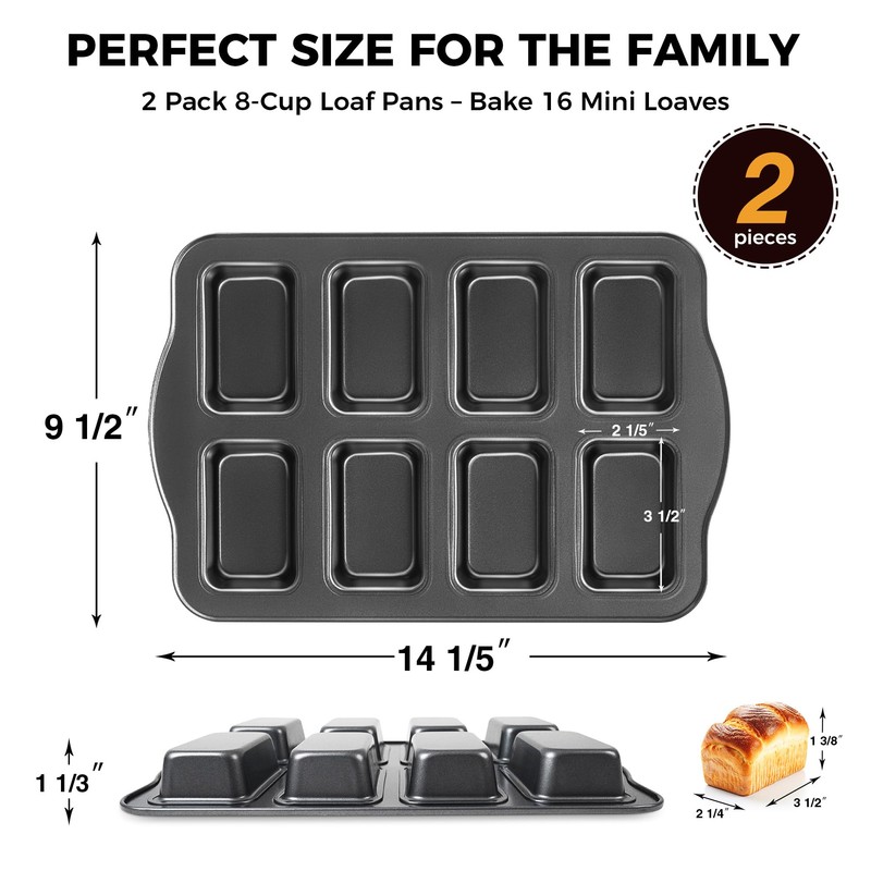 HONGBAKE 2 Pack Mini Loaf Baking Pans 8-Cavity, Nonstick Small