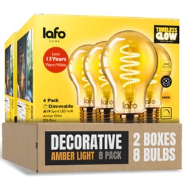 LafoHome TimelessGlow A19 LED Filament Bulbs, Spiral Filament, 40W Equivalent, Dimmable, 2000K Amber, 250 Lumens, CRI80+, Amber Glass, 15,000-Hour Life, E26 Base, ETL/FCC Certified (8 Pack)
