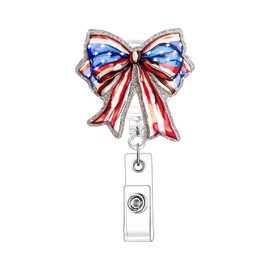 1 Pcs Independence Day Nurse Badge Reels Glitter USA Flag Bow Designs Badge Reel with Badge Clips Retractable ID Badge Holders Retractable for Medical Nurse Worker Nursing Student Teacher